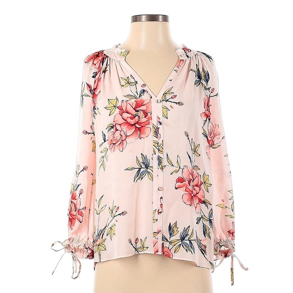 Joie Long Sleeve 100% Silk Floral Blush Pink Blouse Ruffled Cuff Collar Sz XS - Picture 1 of 8